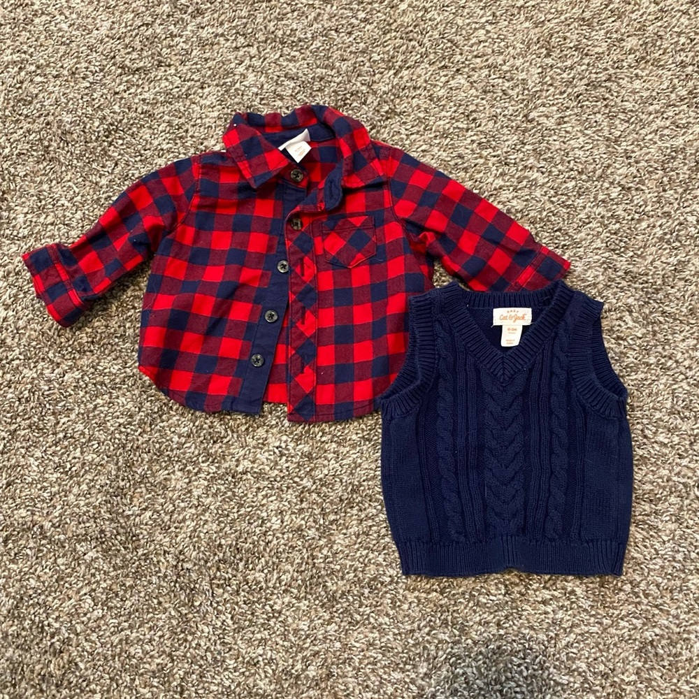 Red and Navy Flannel and Sweater Vest